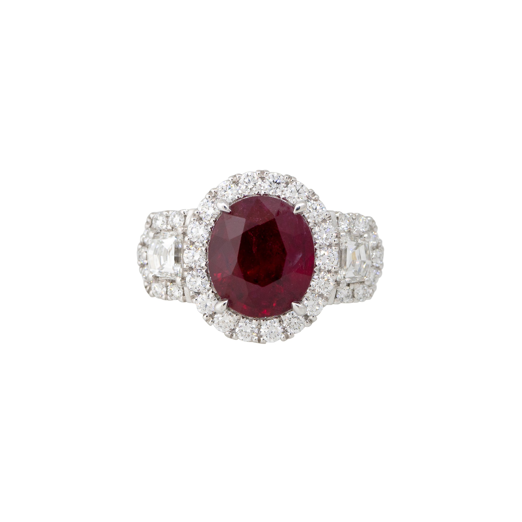 GIA Platinum 4.16ctw Oval Shaped Ruby & 1.7ctw Diamond Halo Ring
