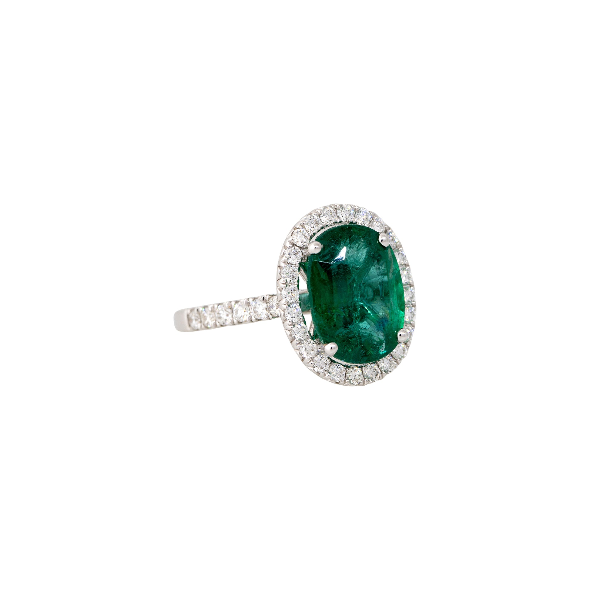 GIA 18k White Gold 4.5ctw Oval Shape Emerald & 0.75ctw Diamond Halo Ring