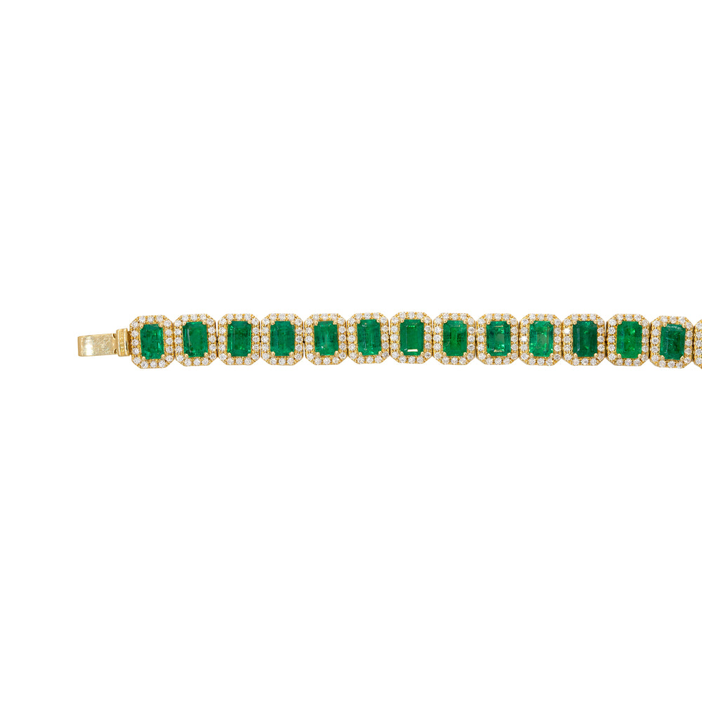 18k Yellow Gold 13.43ct Emerald & 2.76ct Round Brilliant Cut Diamond Halo Bracelet