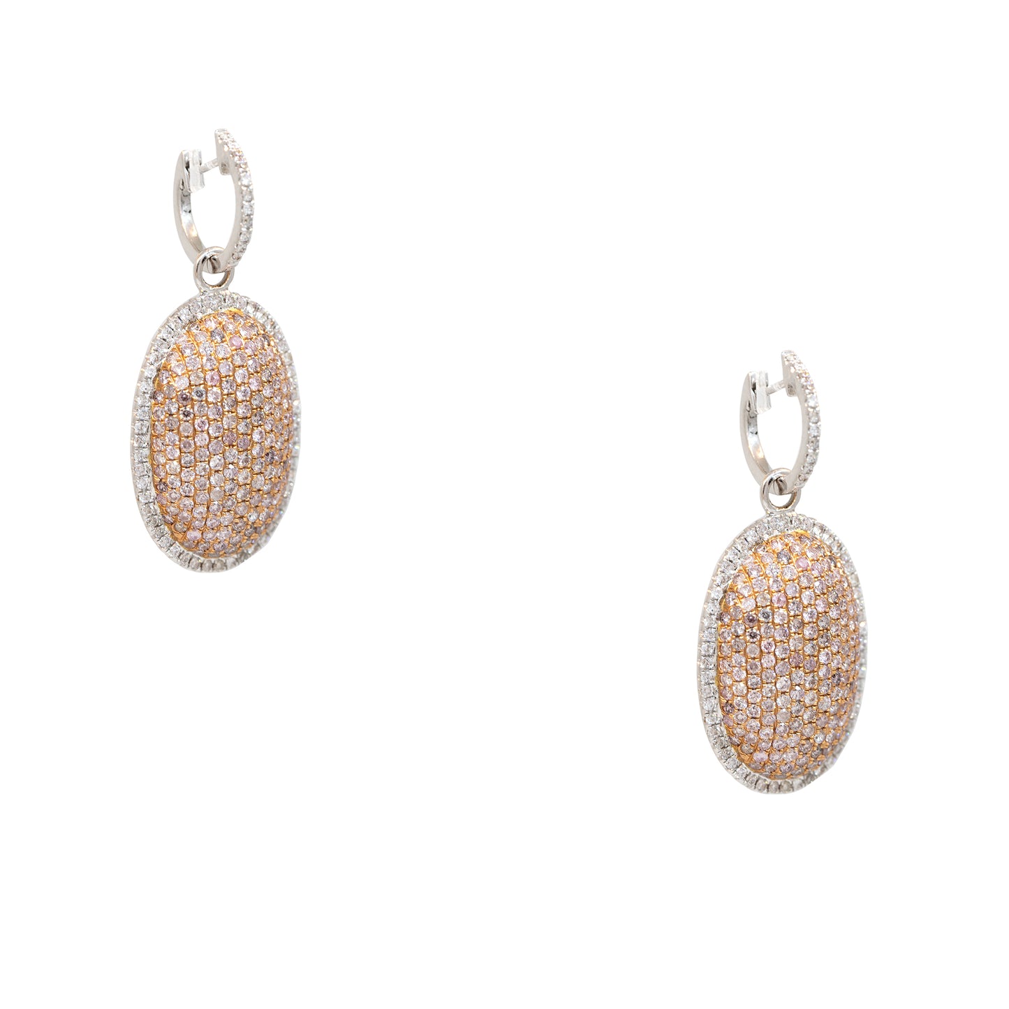 18k Two-Tone Gold 3.61ctw Pink & White Diamond Oval Shape Drop Earrings