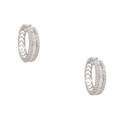 14k White Gold 3.5ctw Natural Round Brilliant & Baguette Cut Diamond Hoop Earrings