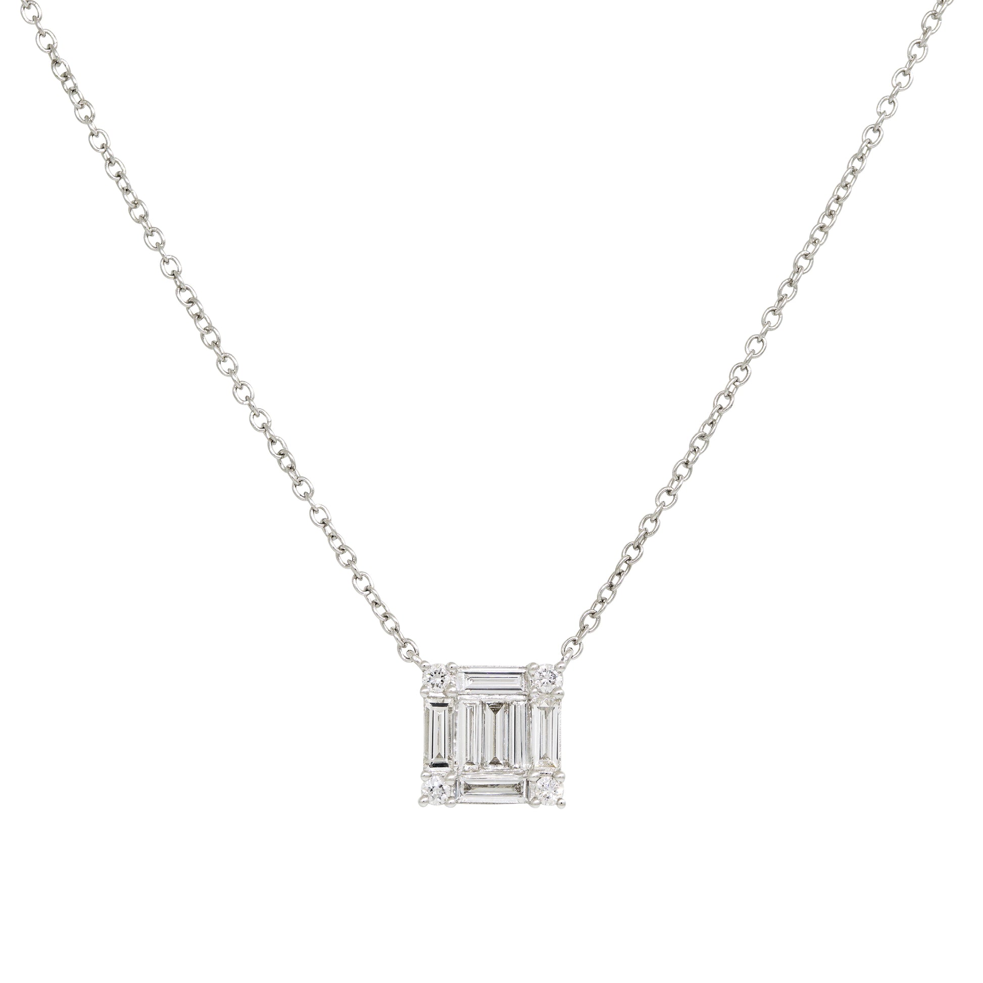 18k White Gold 0.74ctw Round Brilliant & Baguette Diamond Square Necklace