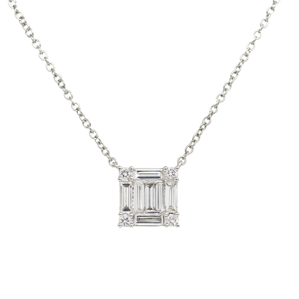 18k White Gold 0.74ctw Round Brilliant & Baguette Diamond Square Necklace
