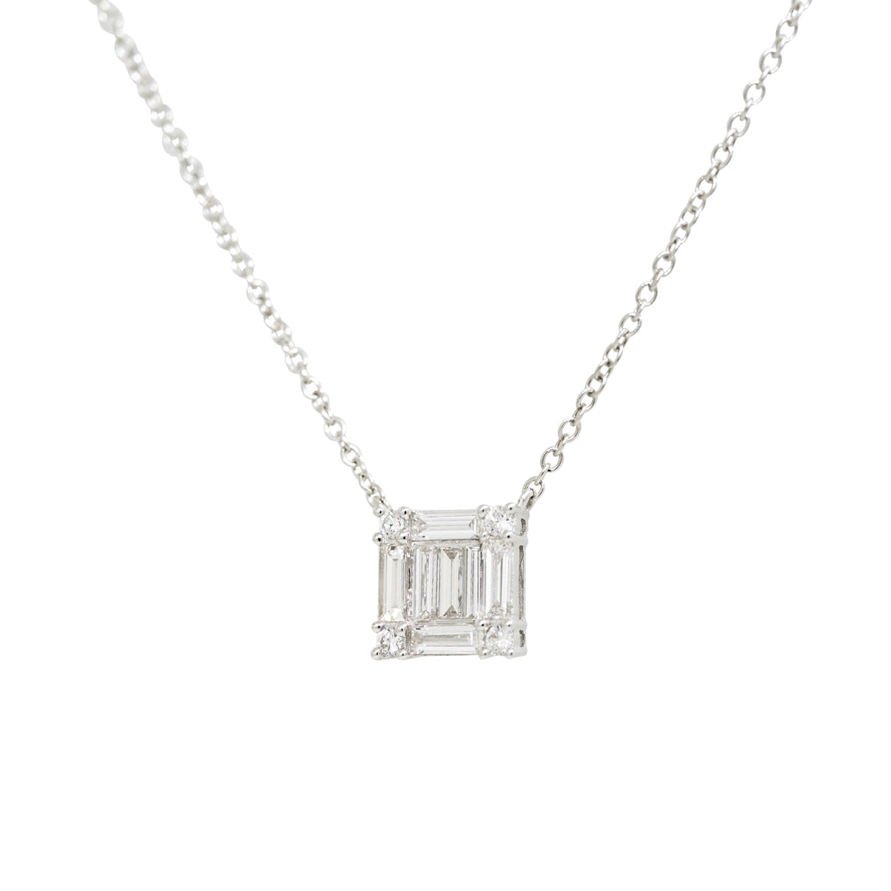 18k White Gold 0.74ctw Round Brilliant & Baguette Diamond Square Necklace