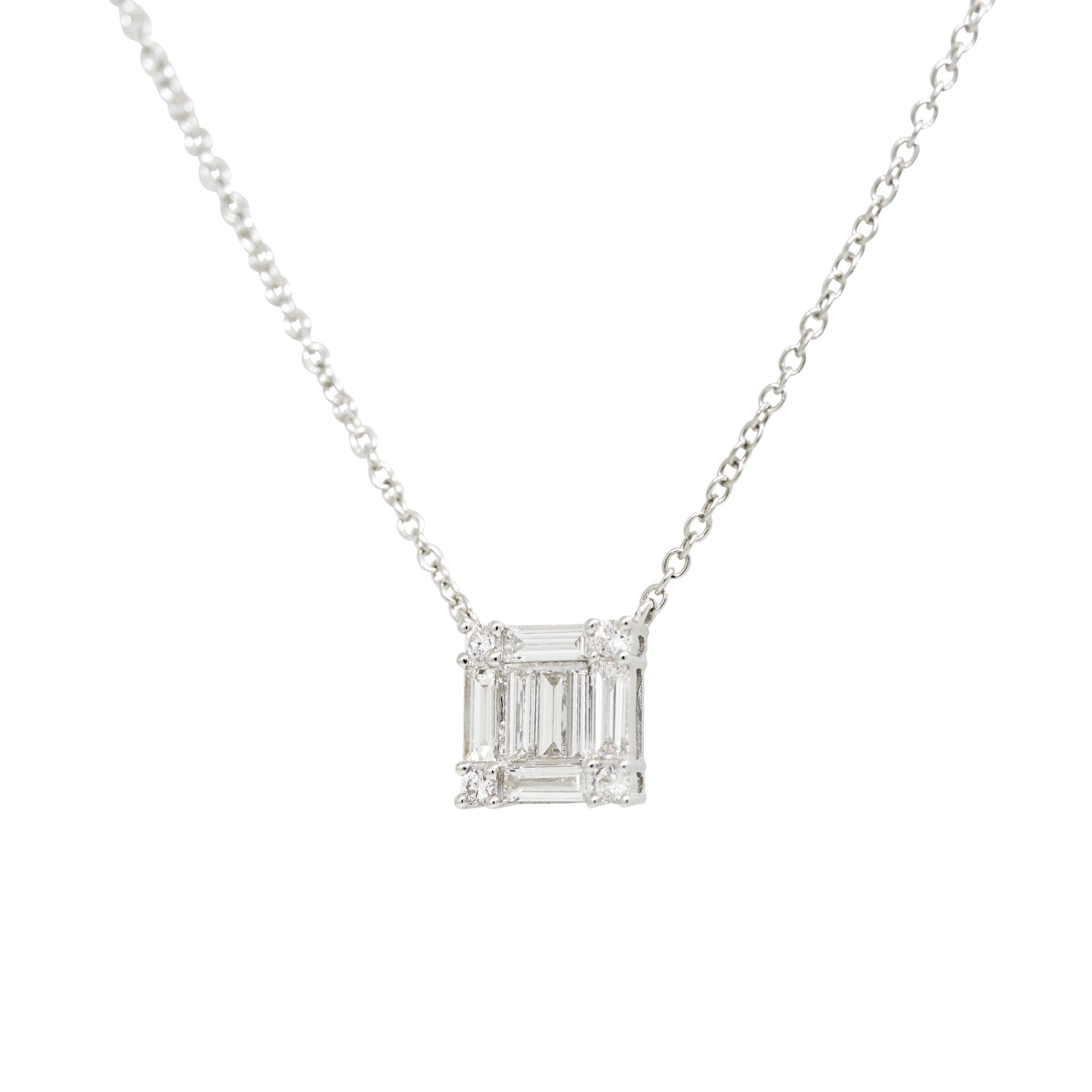 18k White Gold 0.74ctw Round Brilliant & Baguette Diamond Square Necklace