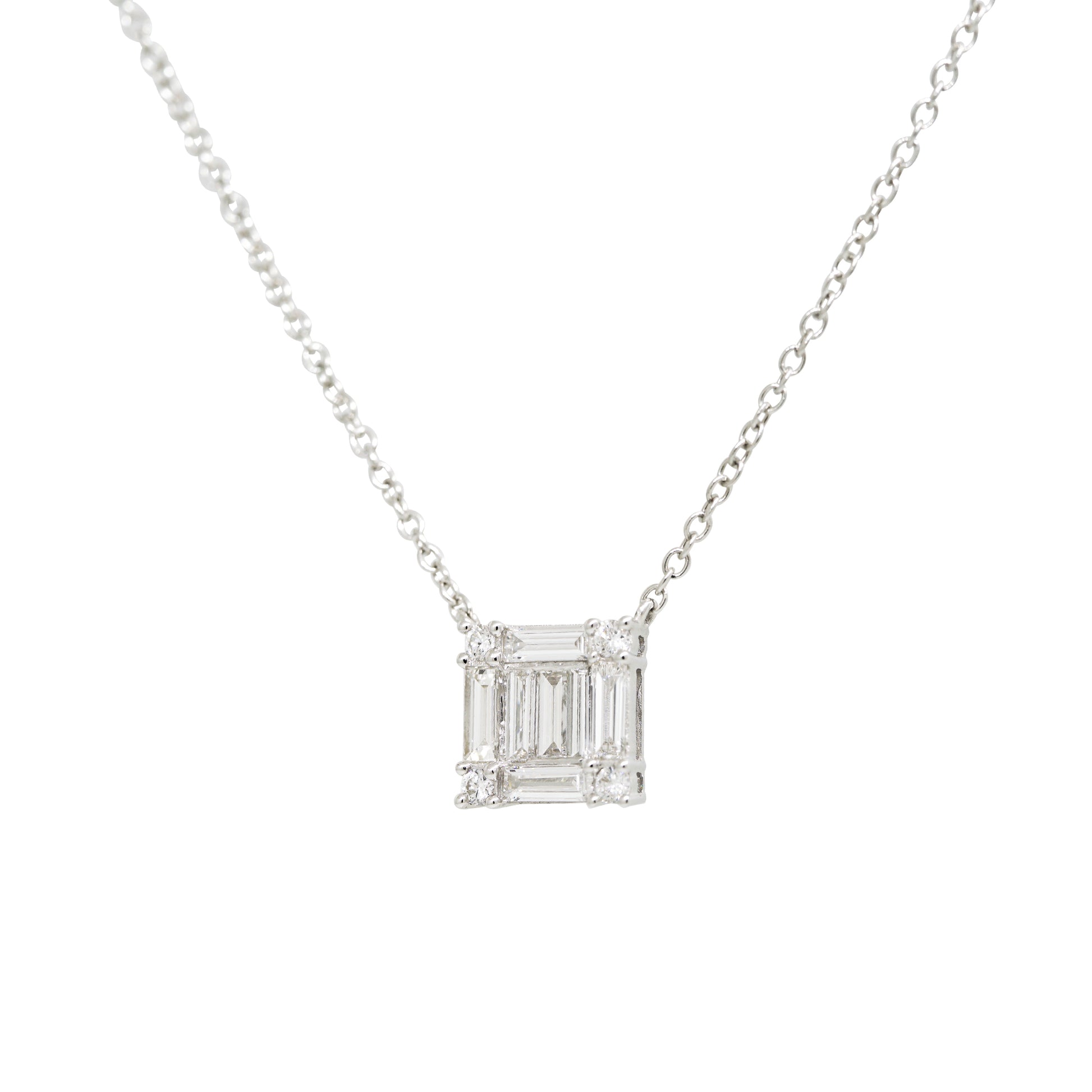 18k White Gold 0.74ctw Round Brilliant & Baguette Diamond Square Necklace