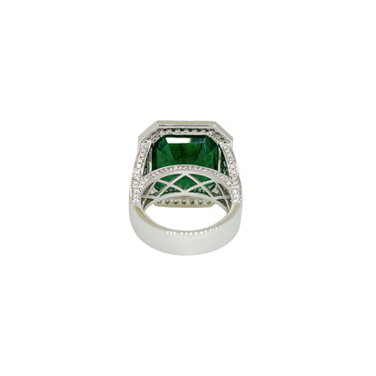 GIA 18k White Gold Natural 13.07 Carat Emerald & Natural Diamond Halo Ring