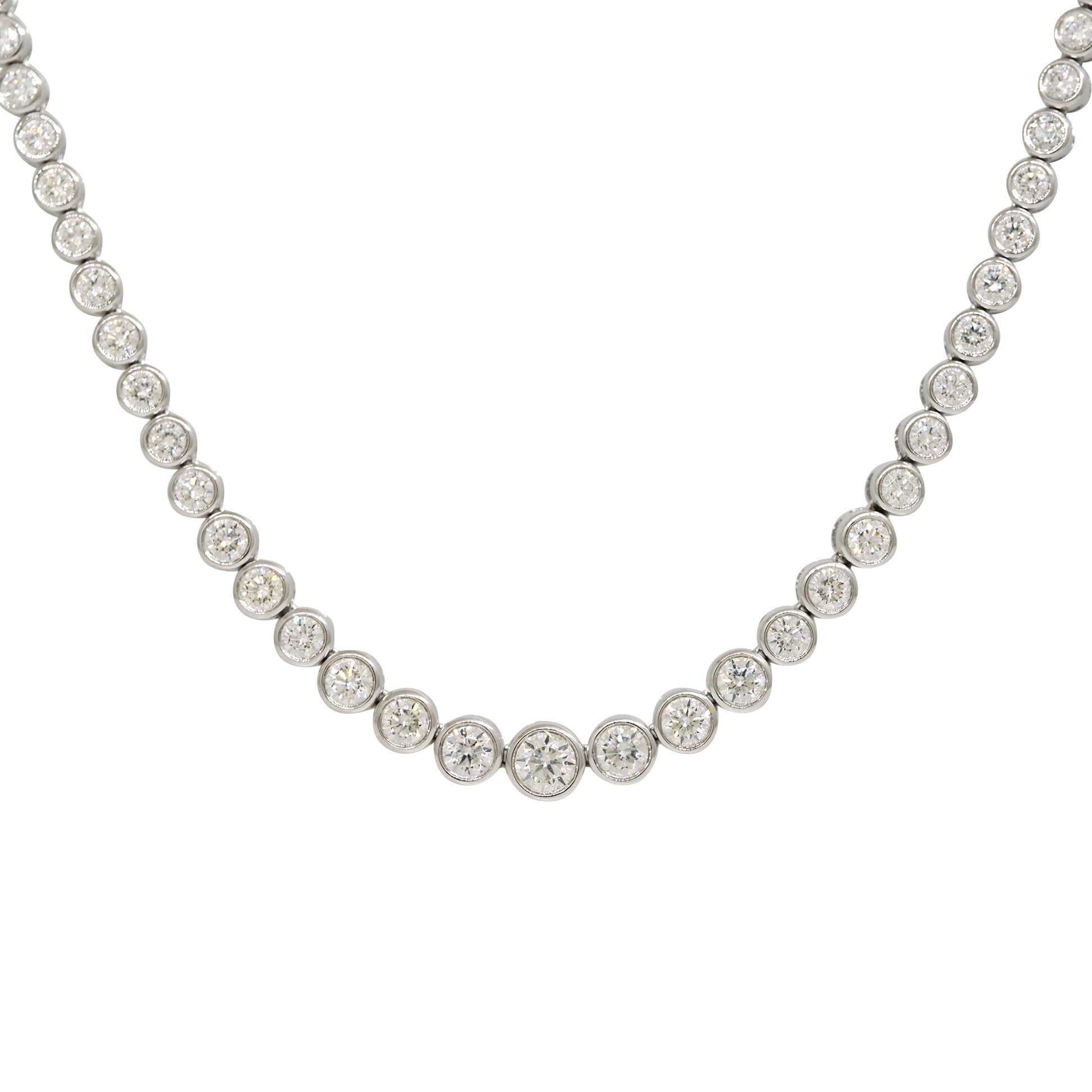14k White Gold Natural 3.42 Carat Round Brilliant Diamond Graduated Half-Way Tennis Necklace