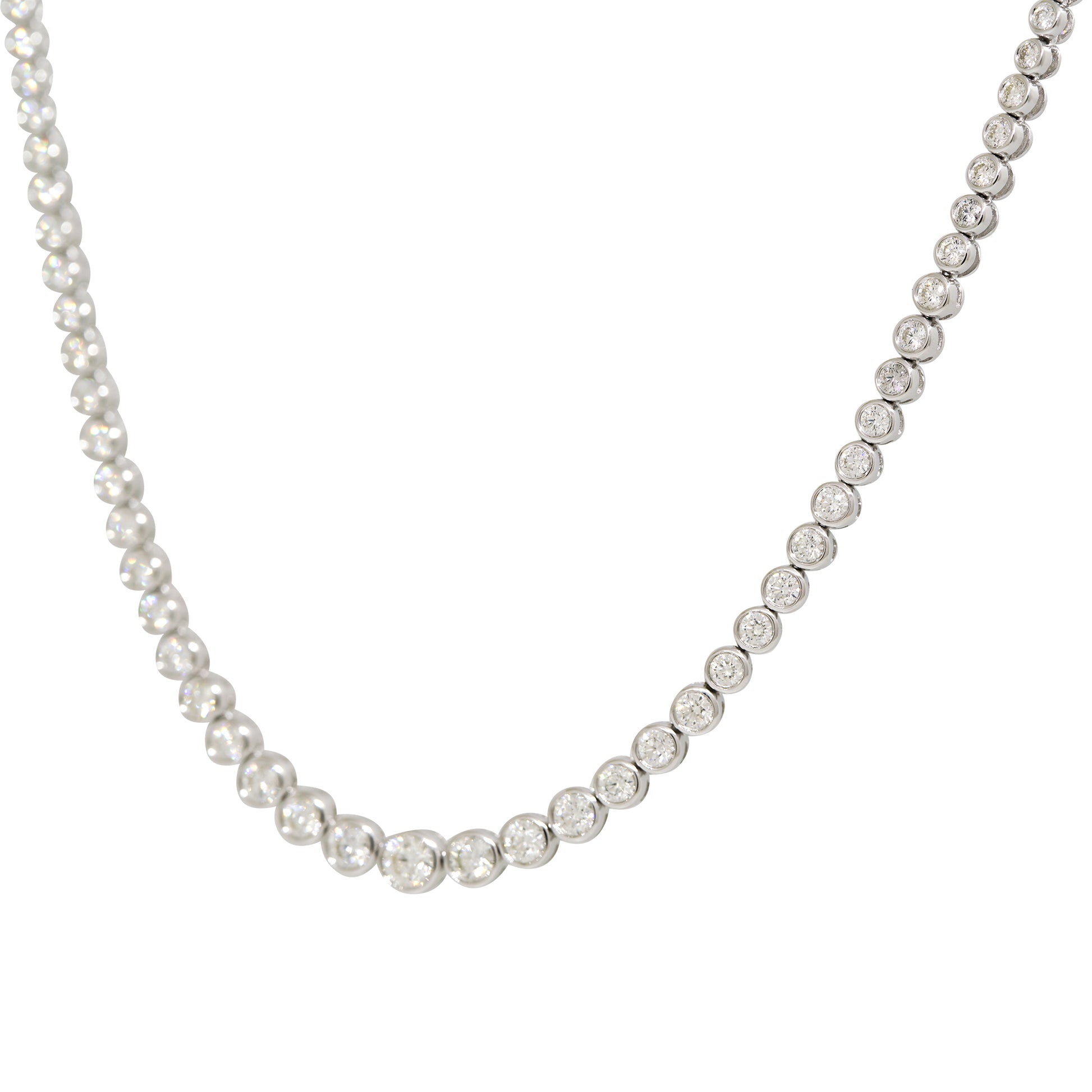 14k White Gold Natural 3.42 Carat Round Brilliant Diamond Graduated Half-Way Tennis Necklace