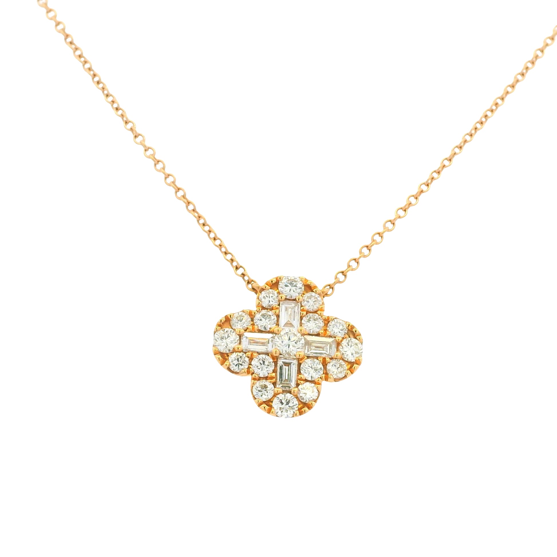 18K Rose Gold Natural Round Brilliant & Baguette Cut Diamond Clover Necklace
