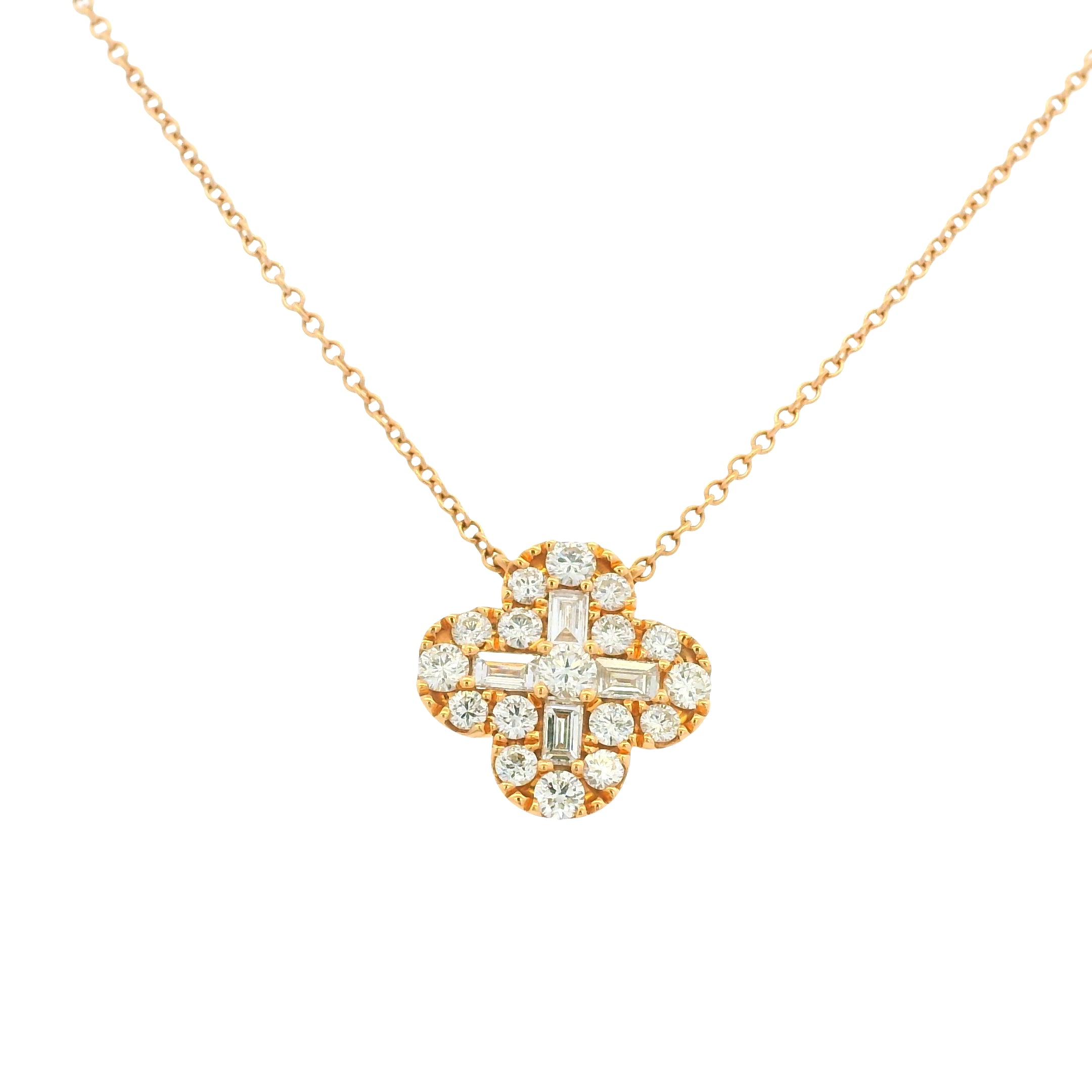 18K Rose Gold Natural Round Brilliant & Baguette Cut Diamond Clover Necklace