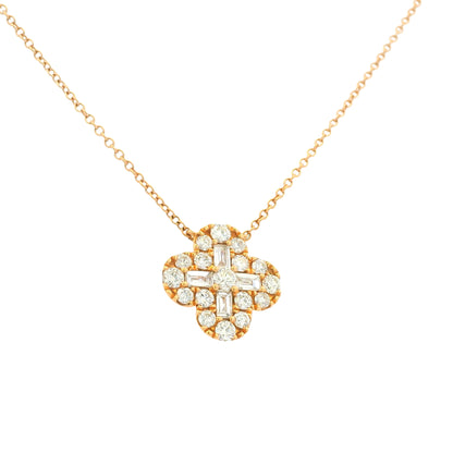 18K Rose Gold Natural Round Brilliant & Baguette Cut Diamond Clover Necklace