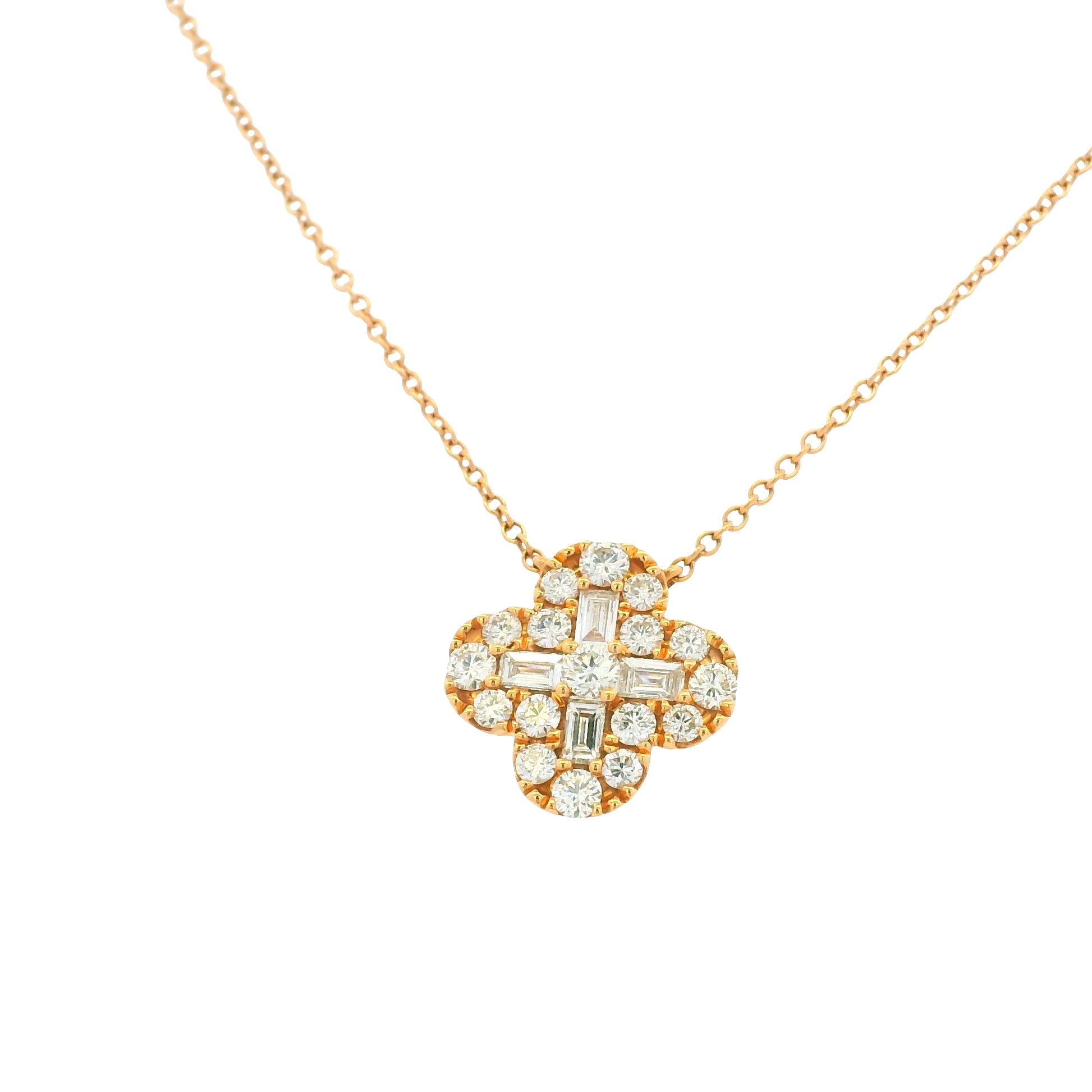 18K Rose Gold Natural Round Brilliant & Baguette Cut Diamond Clover Necklace