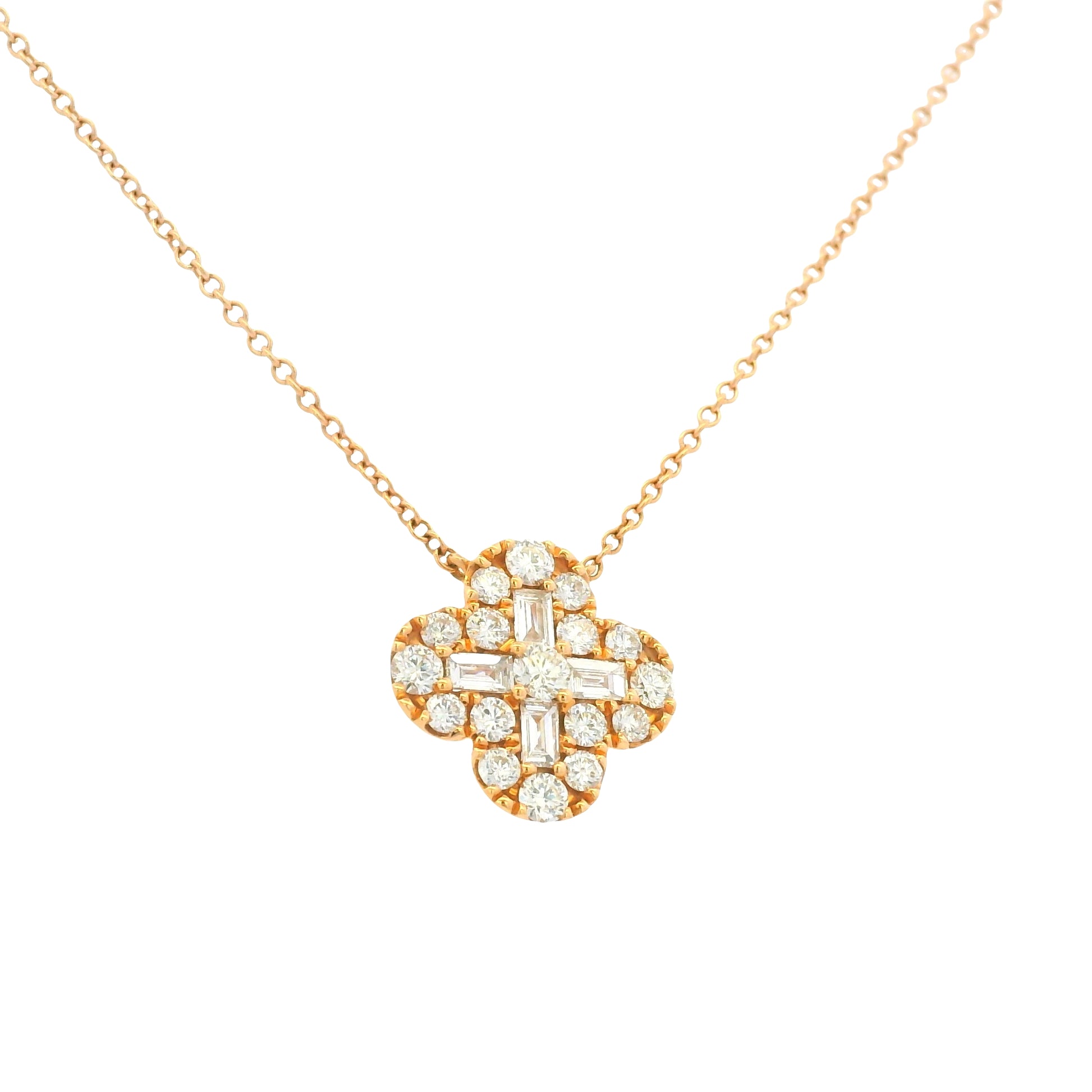 18K Rose Gold Natural Round Brilliant & Baguette Cut Diamond Clover Necklace