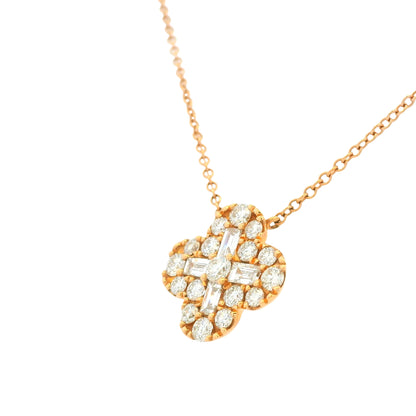 18K Rose Gold Natural Round Brilliant & Baguette Cut Diamond Clover Necklace