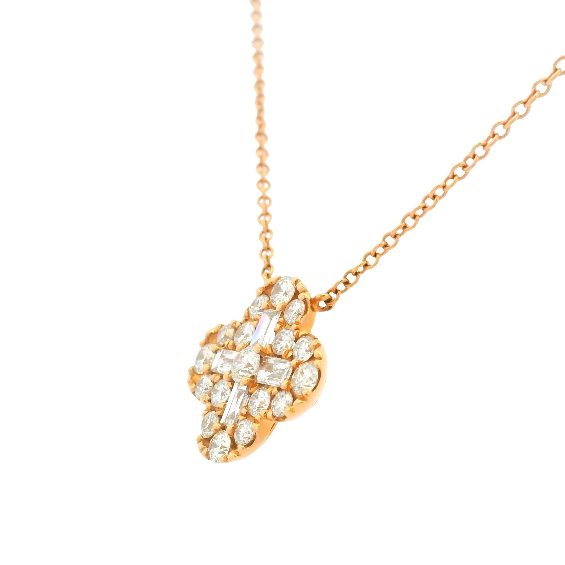 18K Rose Gold Natural Round Brilliant & Baguette Cut Diamond Clover Necklace