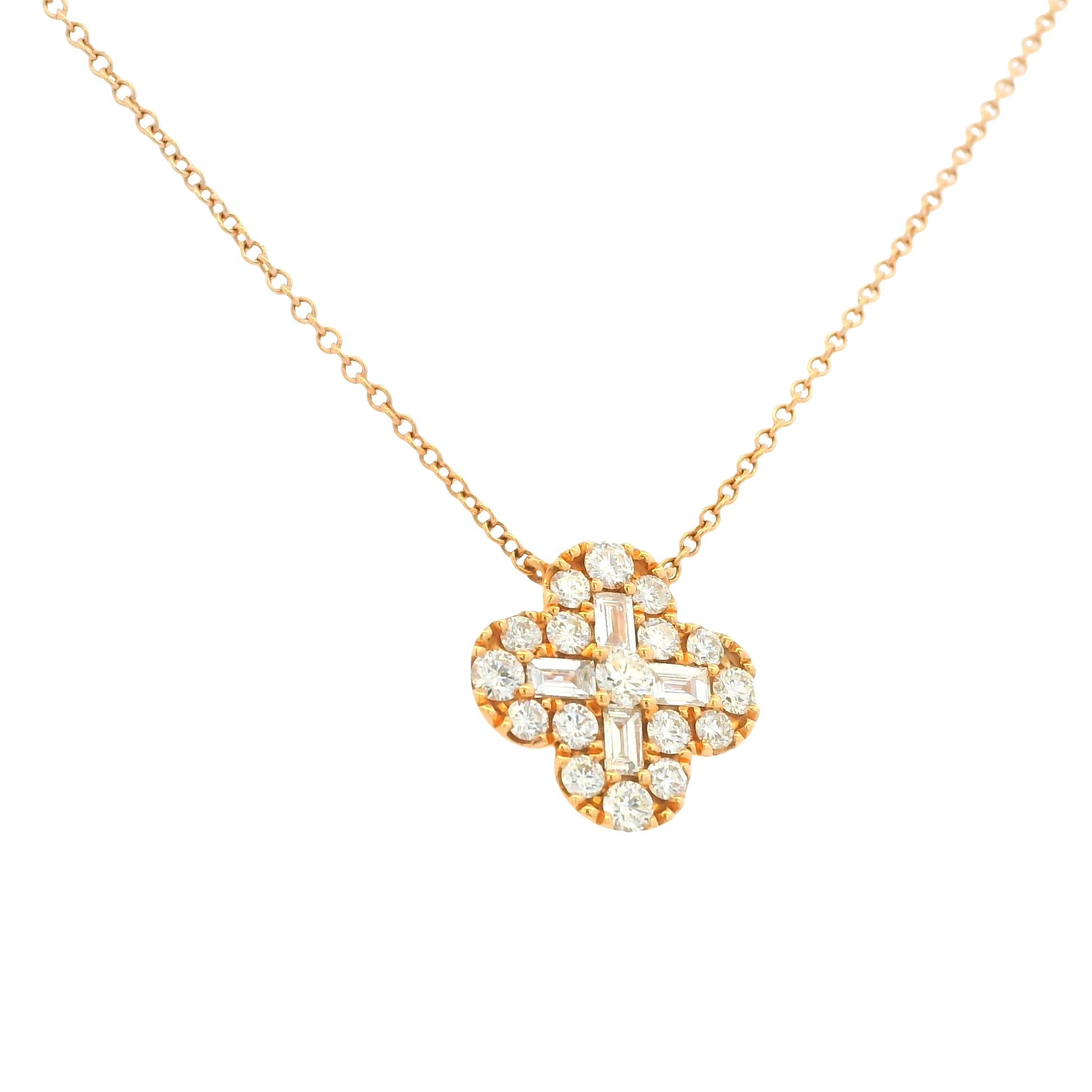 18K Rose Gold Natural Round Brilliant & Baguette Cut Diamond Clover Necklace
