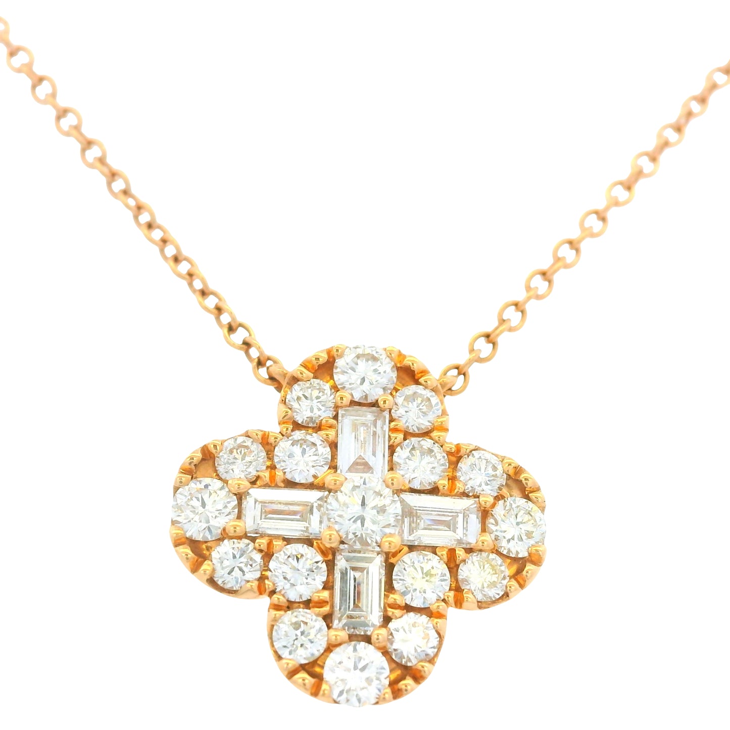18K Rose Gold Natural Round Brilliant & Baguette Cut Diamond Clover Necklace