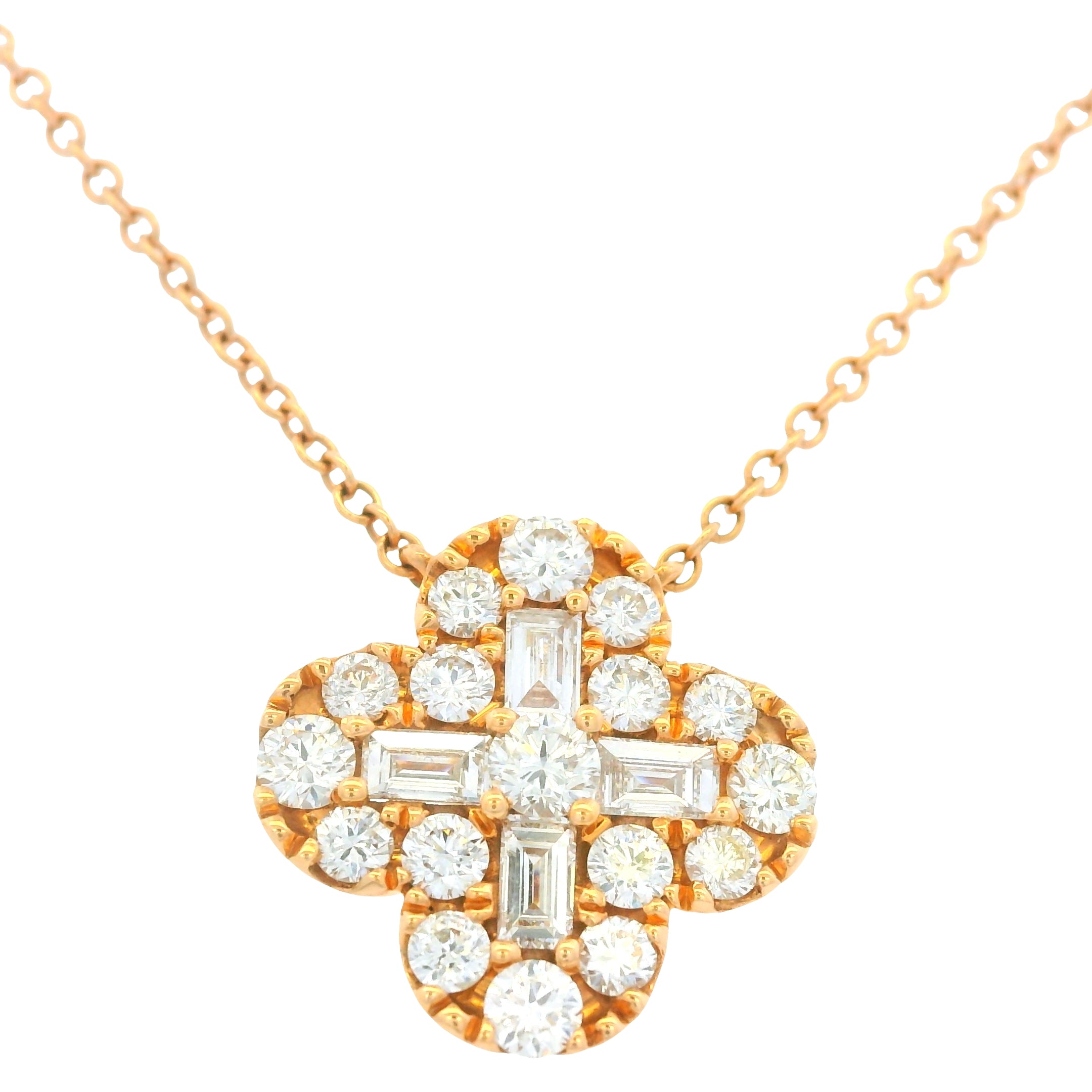 18K Rose Gold Natural Round Brilliant & Baguette Cut Diamond Clover Necklace