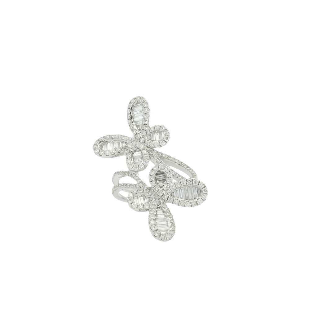 18K White Gold Natural Round Brilliant & Baguette Cut Diamond Double Butterfly Ring