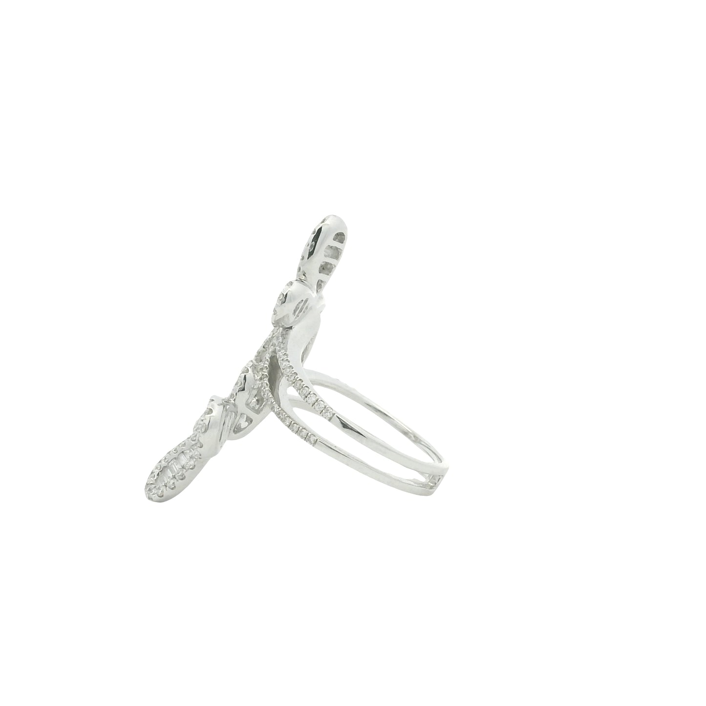 18K White Gold Natural Round Brilliant & Baguette Cut Diamond Double Butterfly Ring