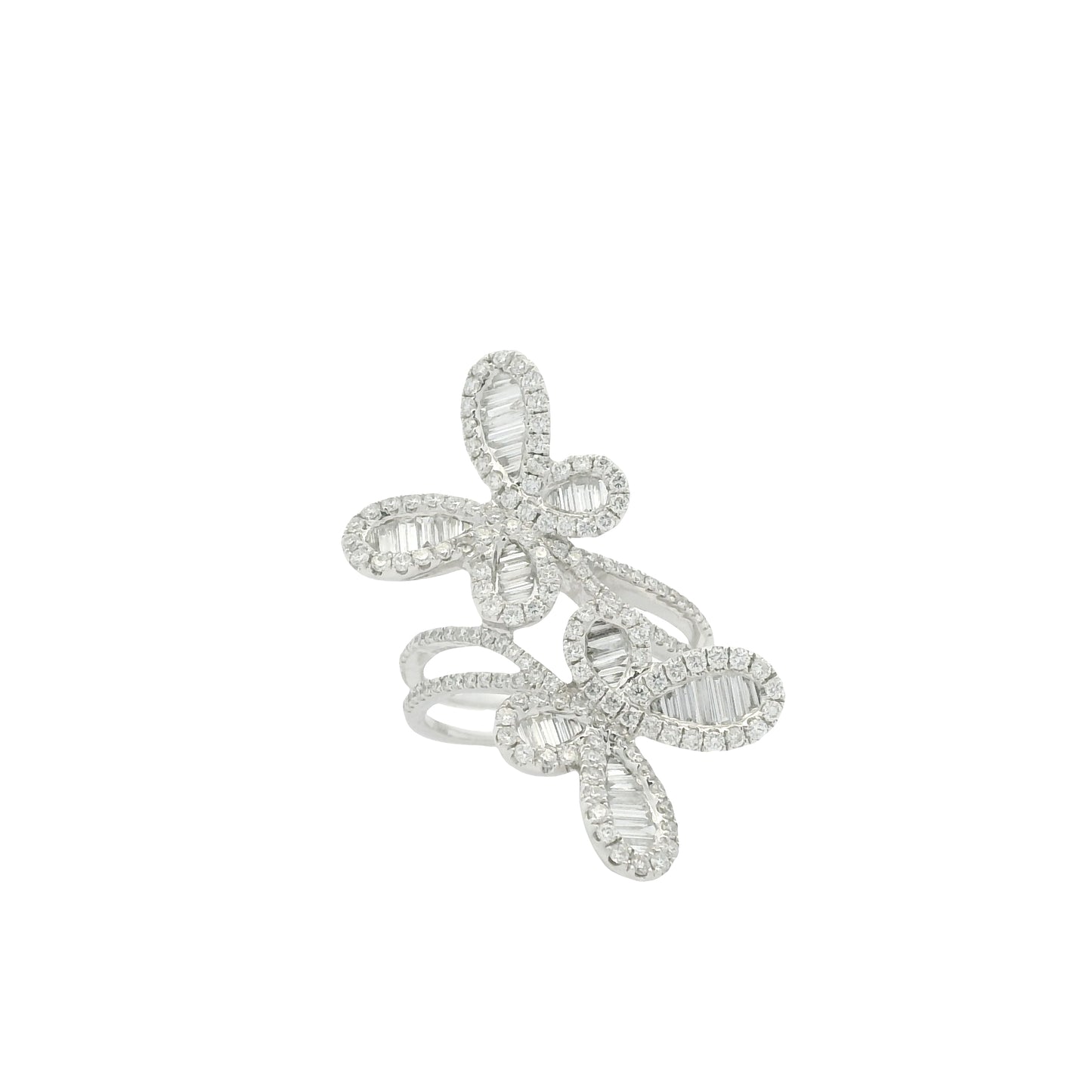 18K White Gold Natural Round Brilliant & Baguette Cut Diamond Double Butterfly Ring