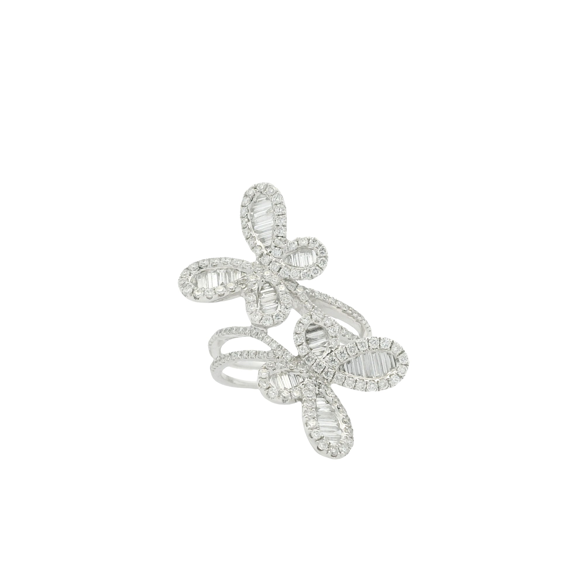 18K White Gold Natural Round Brilliant & Baguette Cut Diamond Double Butterfly Ring
