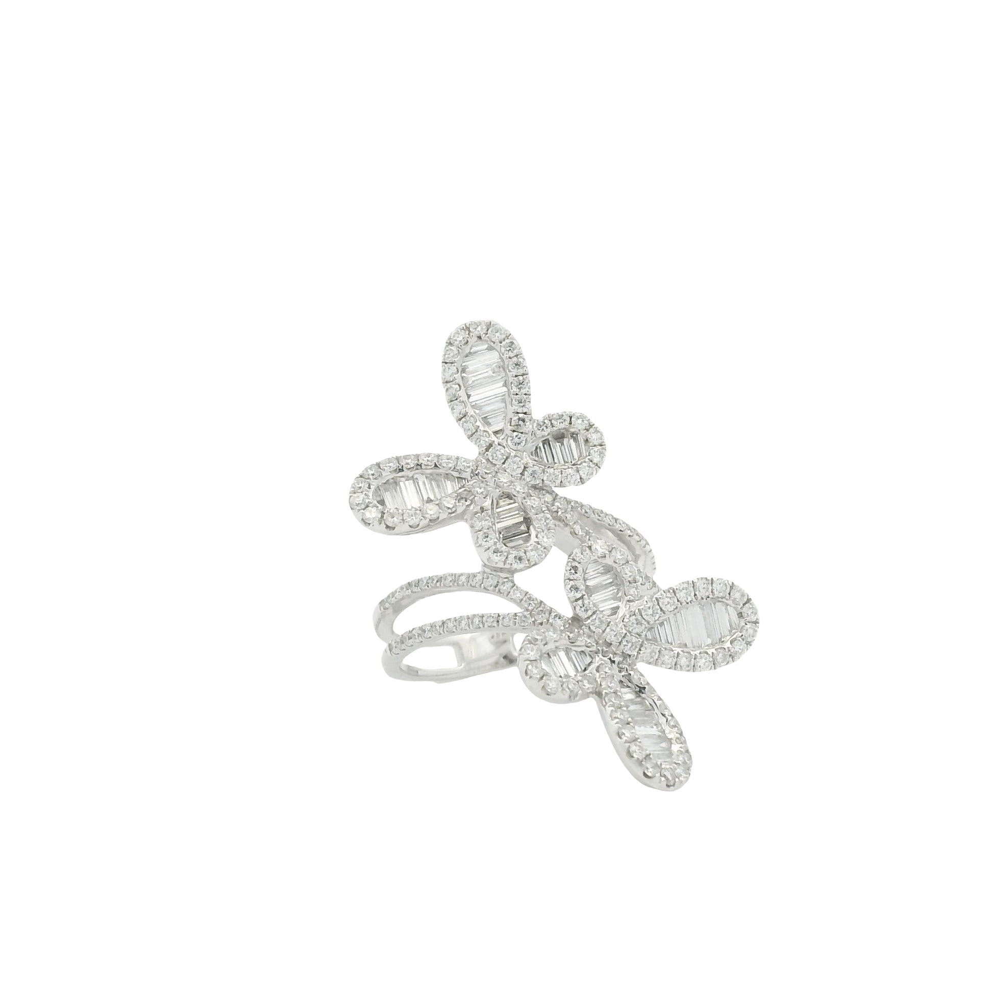 18K White Gold Natural Round Brilliant & Baguette Cut Diamond Double Butterfly Ring