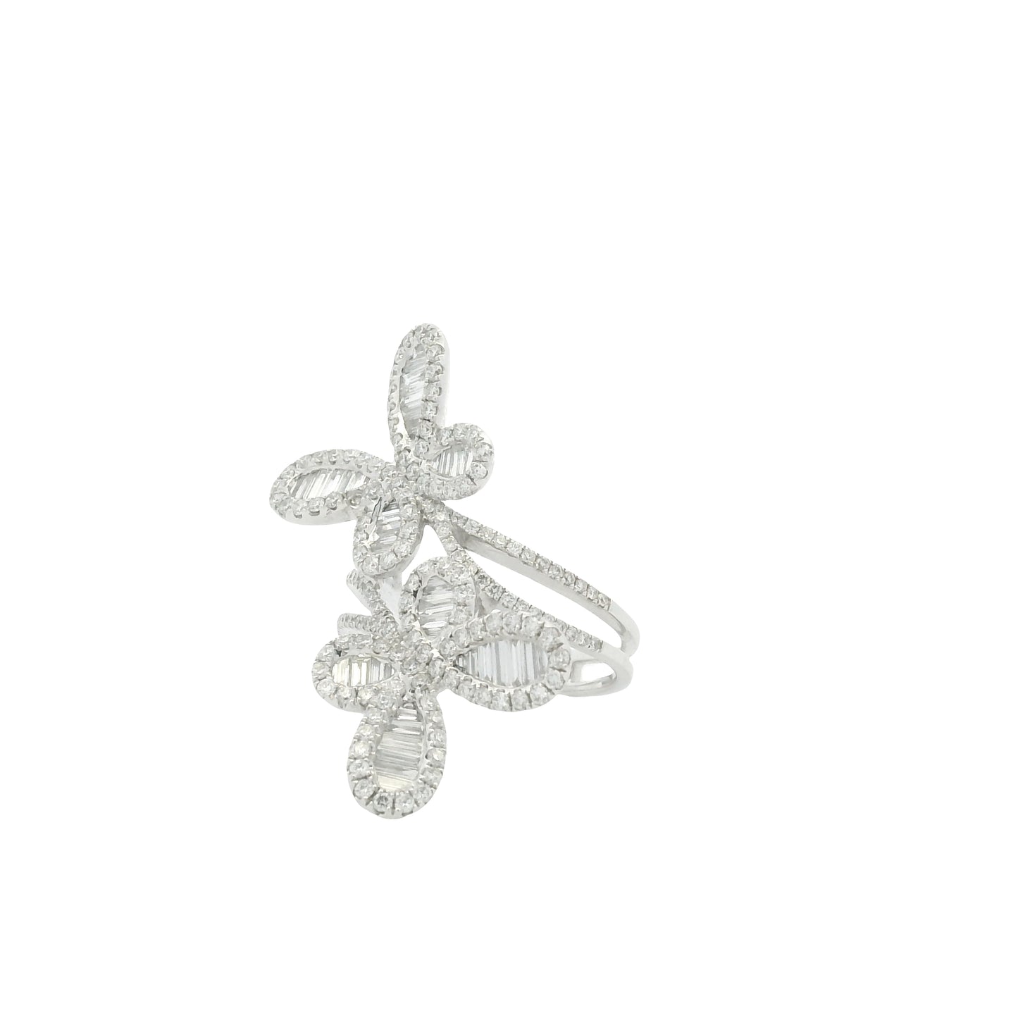 18K White Gold Natural Round Brilliant & Baguette Cut Diamond Double Butterfly Ring