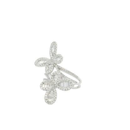 18K White Gold Natural Round Brilliant & Baguette Cut Diamond Double Butterfly Ring