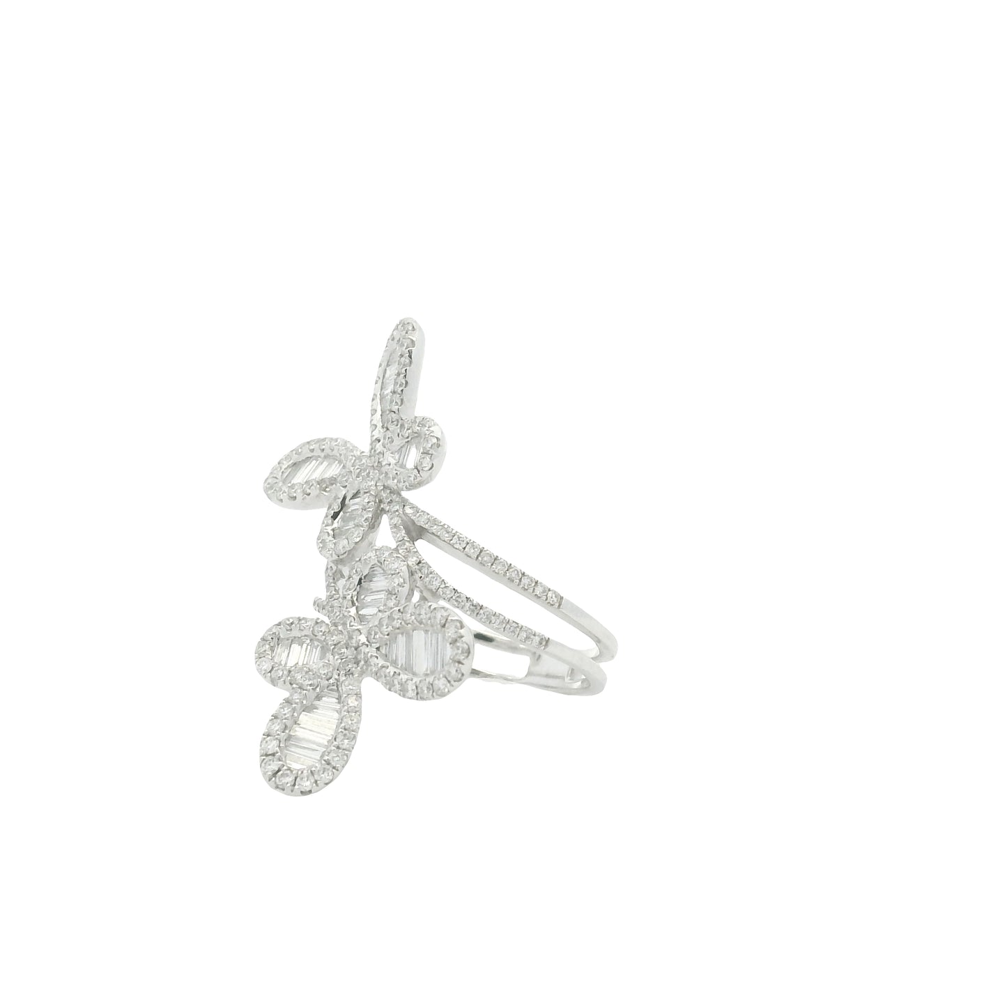 18K White Gold Natural Round Brilliant & Baguette Cut Diamond Double Butterfly Ring