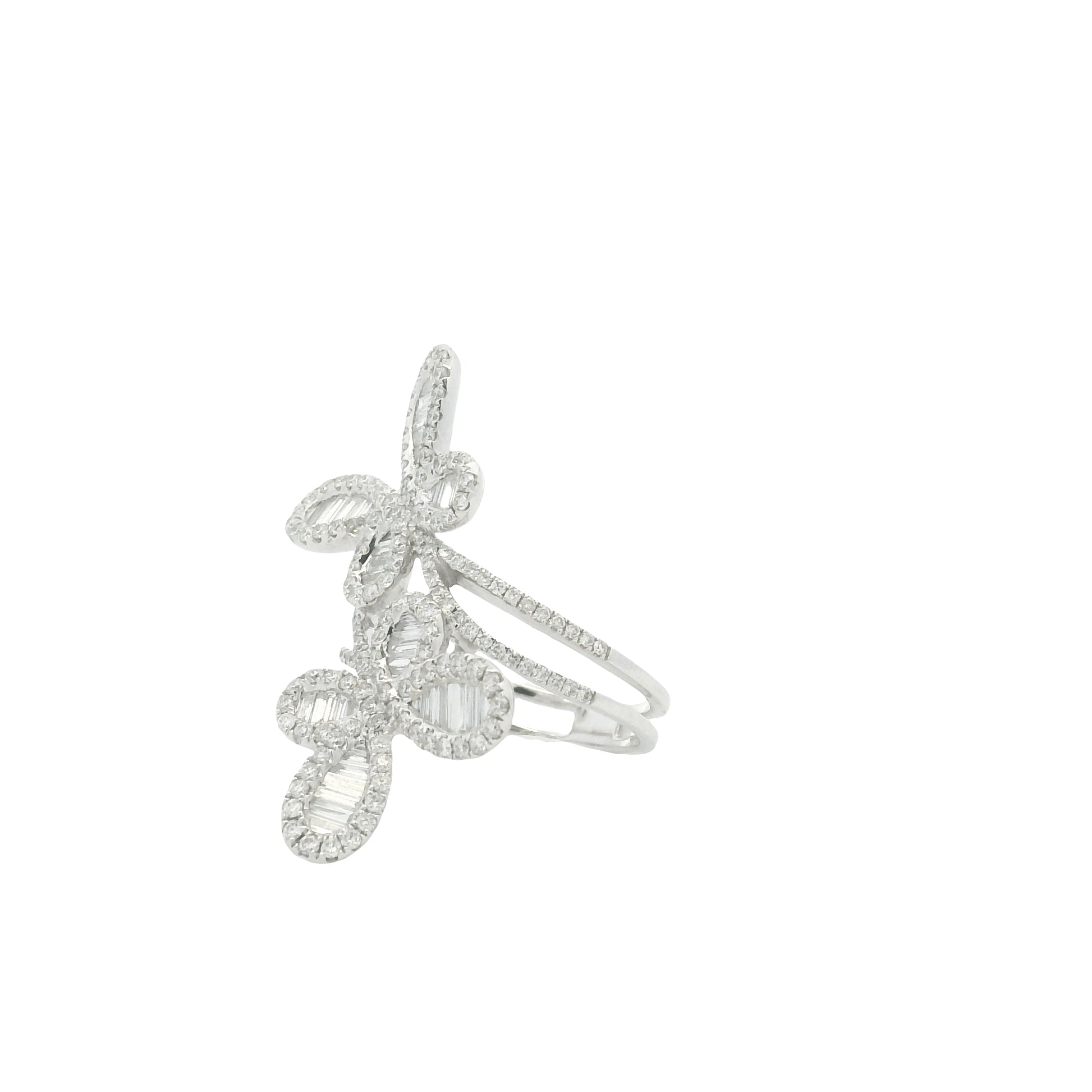 18K White Gold Natural Round Brilliant & Baguette Cut Diamond Double Butterfly Ring