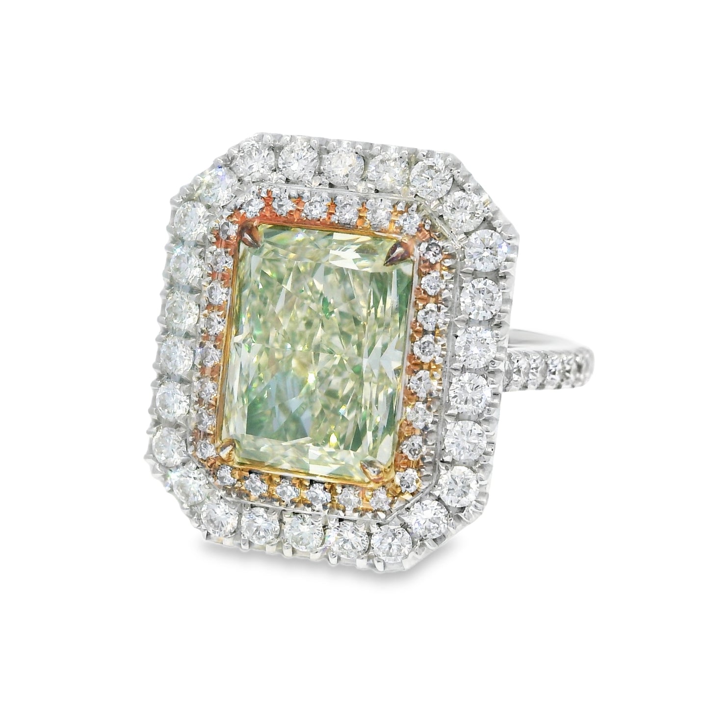 GIA 18k White Gold Natural Green 4.15 Carat Radiant Cut Diamond Double Halo Ring