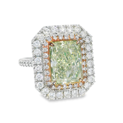 GIA 18k White Gold Natural Green 4.15 Carat Radiant Cut Diamond Double Halo Ring