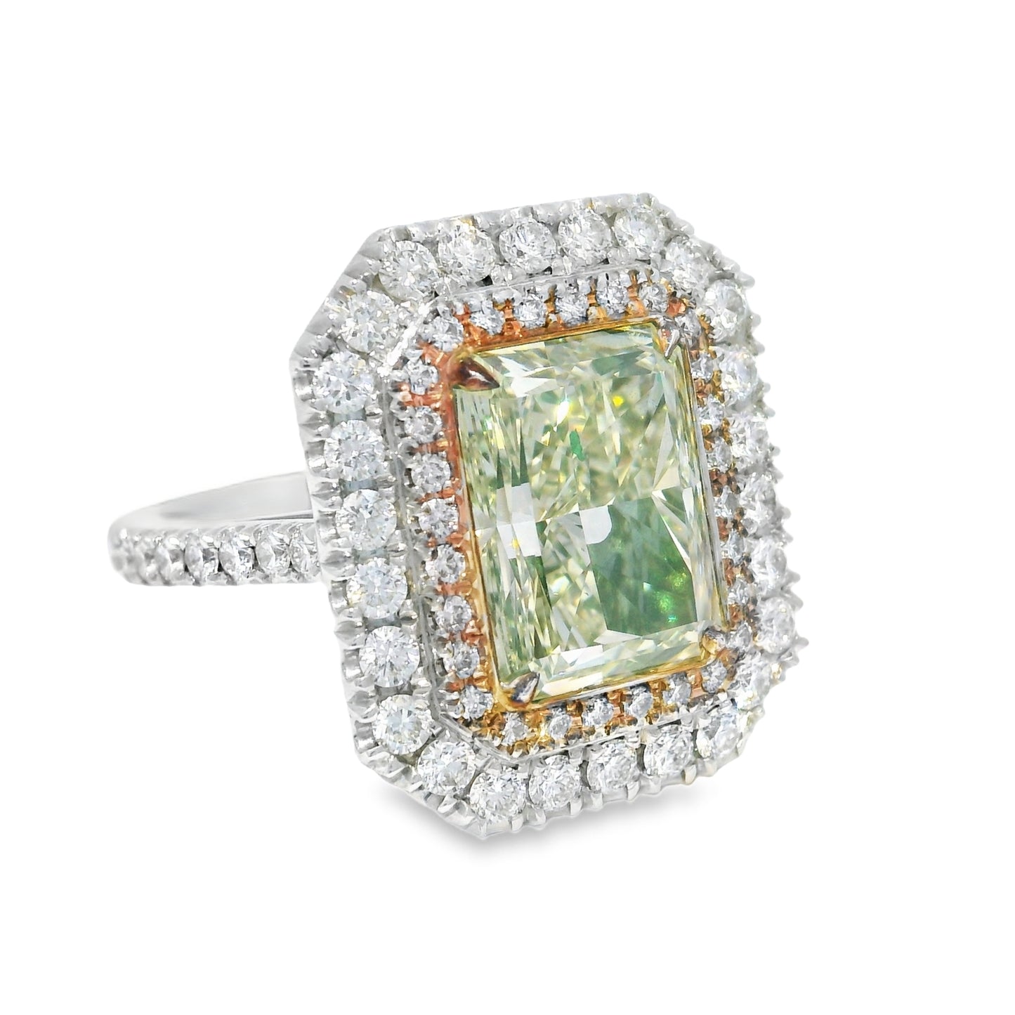 GIA 18k White Gold Natural Green 4.15 Carat Radiant Cut Diamond Double Halo Ring