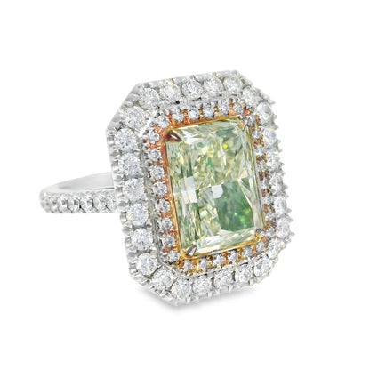 GIA 18k White Gold Natural Green 4.15 Carat Radiant Cut Diamond Double Halo Ring