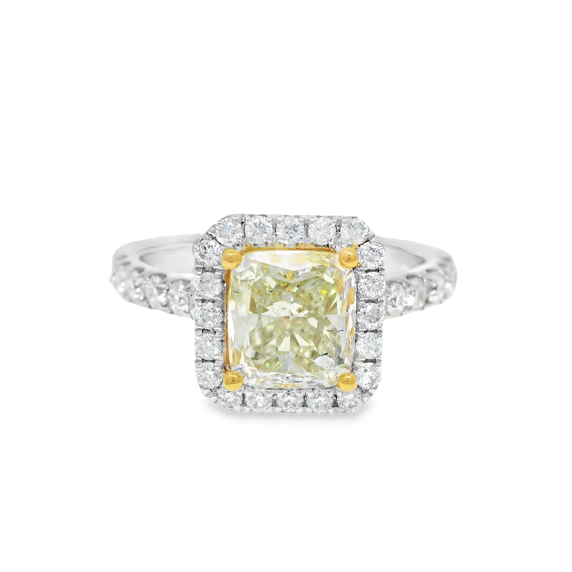 18k White Gold Natural Yellow 1.77 Carat Radiant Cut Diamond Halo Engagement Ring