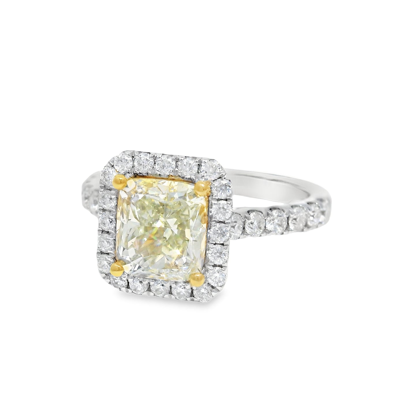 18k White Gold Natural Yellow 1.77 Carat Radiant Cut Diamond Halo Engagement Ring