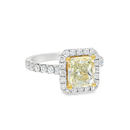 18k White Gold Natural Yellow 1.77 Carat Radiant Cut Diamond Halo Engagement Ring