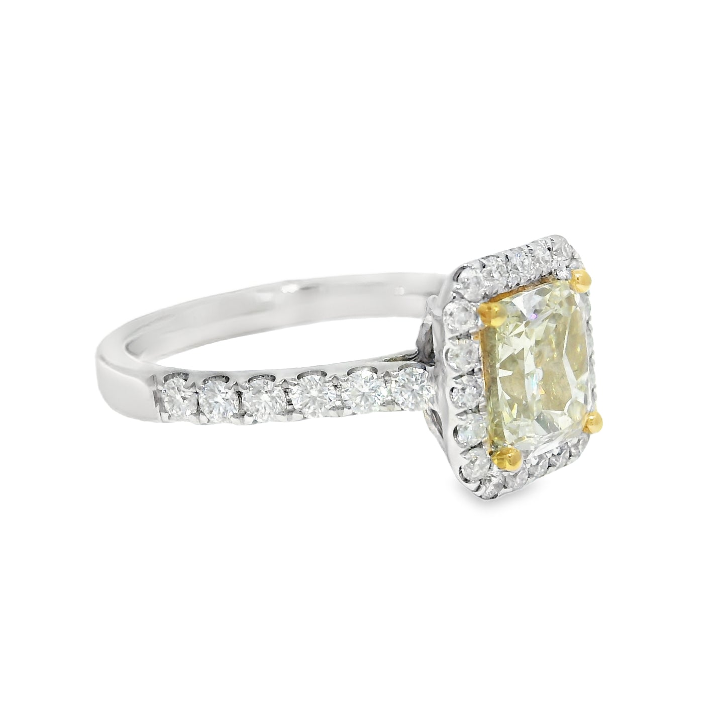 18k White Gold Natural Yellow 1.77 Carat Radiant Cut Diamond Halo Engagement Ring