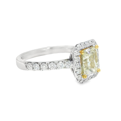 18k White Gold Natural Yellow 1.77 Carat Radiant Cut Diamond Halo Engagement Ring