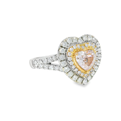 GIA 18k White Gold Natural Light Pink 1.03 Carat Heart Shaped Diamond Double Halo Ring