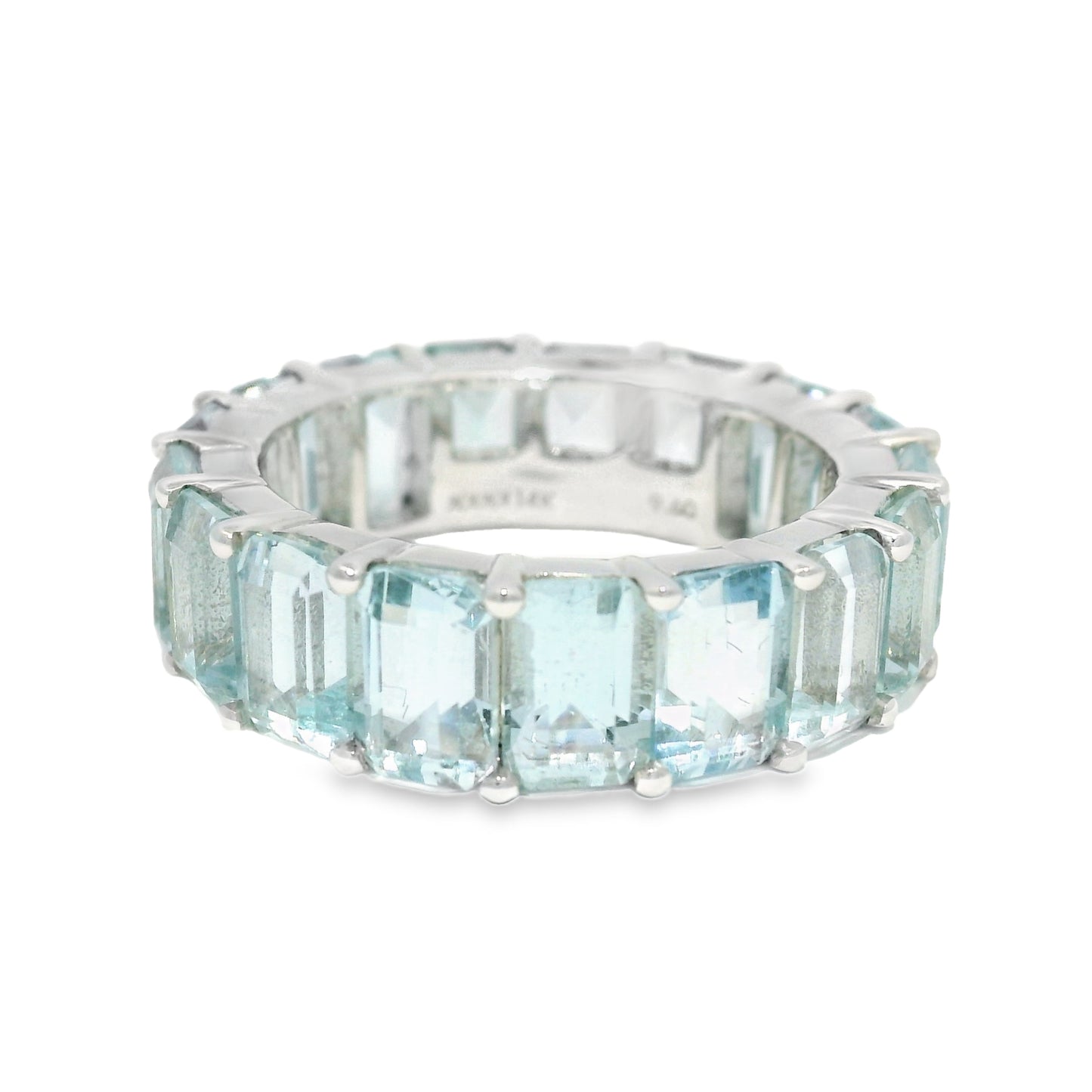 14k White Gold Natural 9.60 Carat Aquamarine Eternity Ring