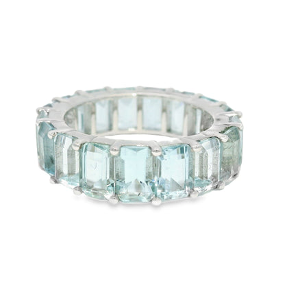14k White Gold Natural 9.60 Carat Aquamarine Eternity Ring