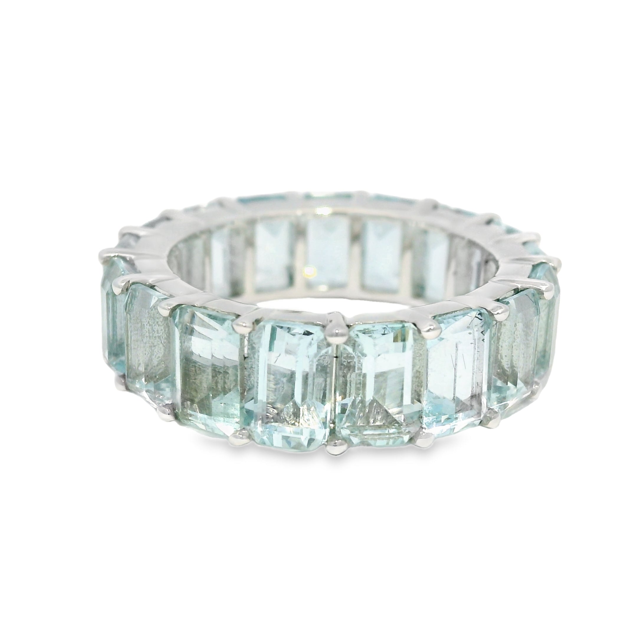 14k White Gold Natural 9.60 Carat Aquamarine Eternity Ring