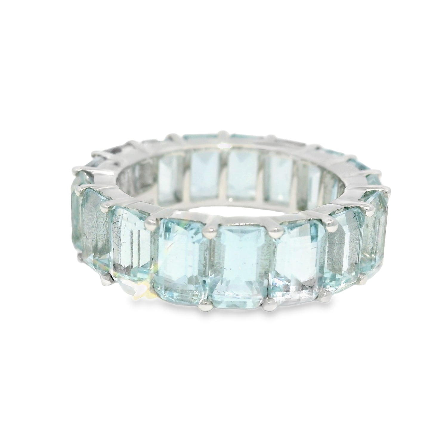 14k White Gold Natural 9.60 Carat Aquamarine Eternity Ring