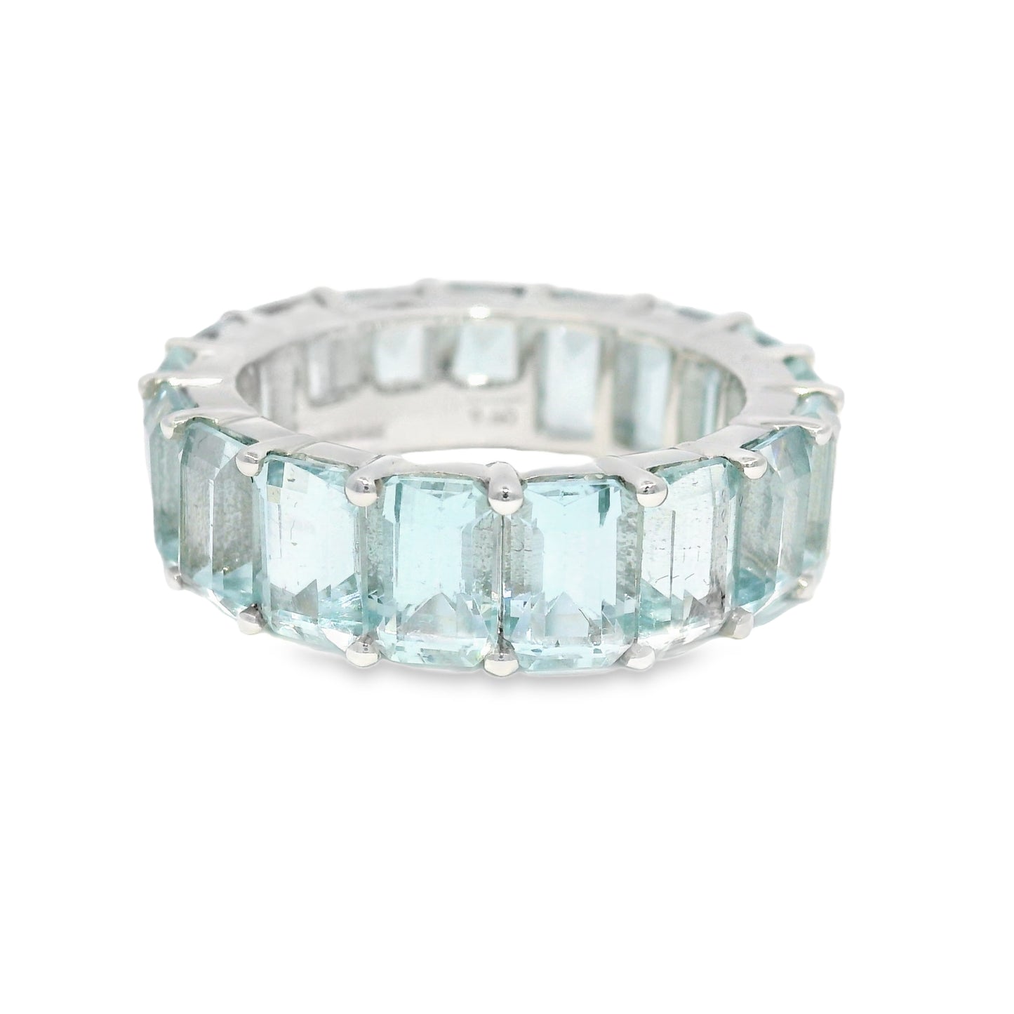 14k White Gold Natural 9.60 Carat Aquamarine Eternity Ring
