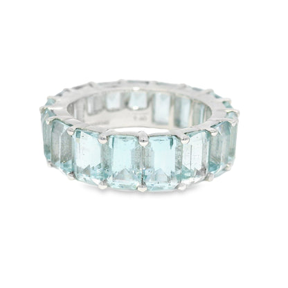 14k White Gold Natural 9.60 Carat Aquamarine Eternity Ring