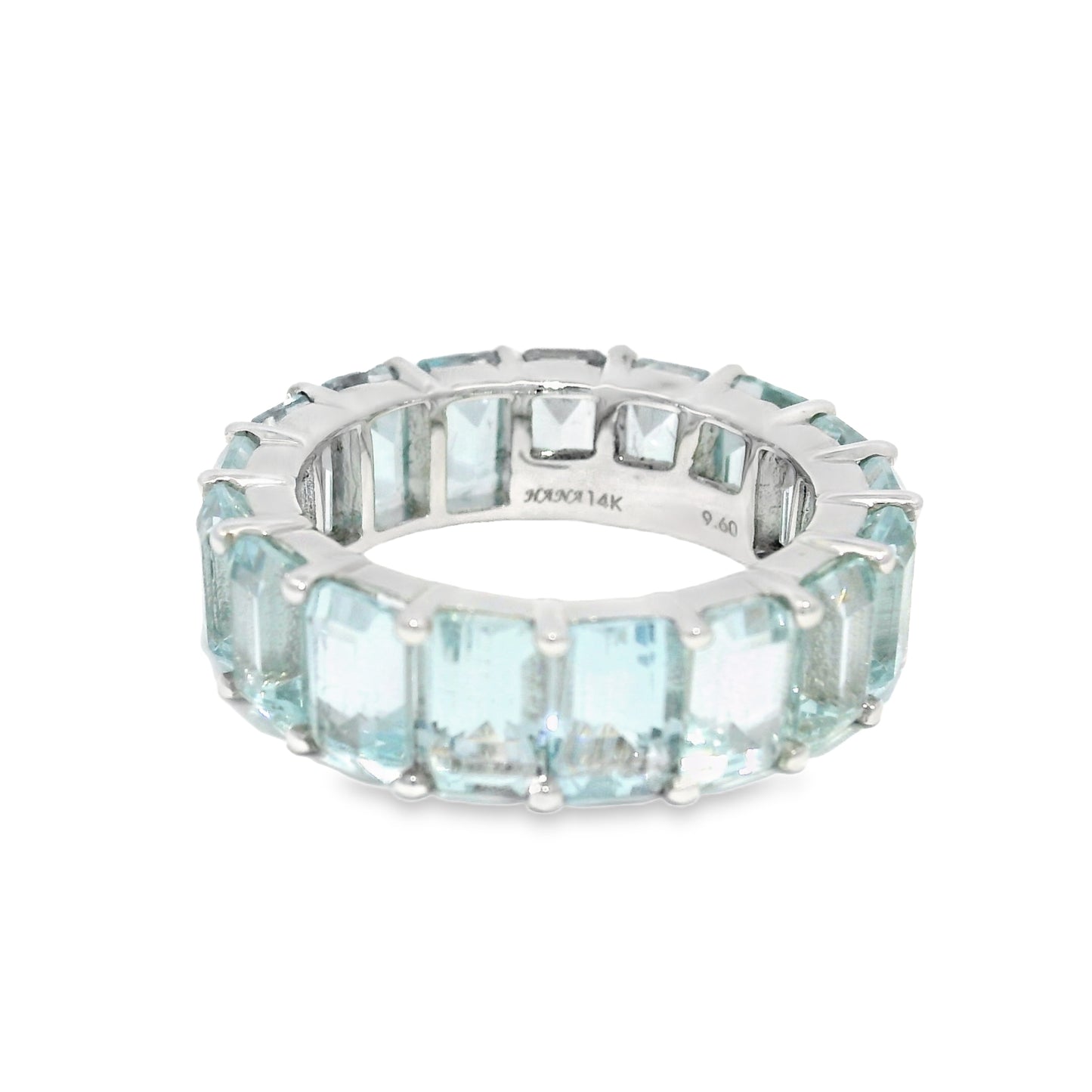 14k White Gold Natural 9.60 Carat Aquamarine Eternity Ring