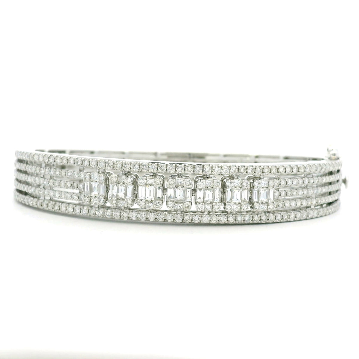14K White Gold Natural 3.29 Carat Round & Baguette Cut Diamond Bangle Bracelet